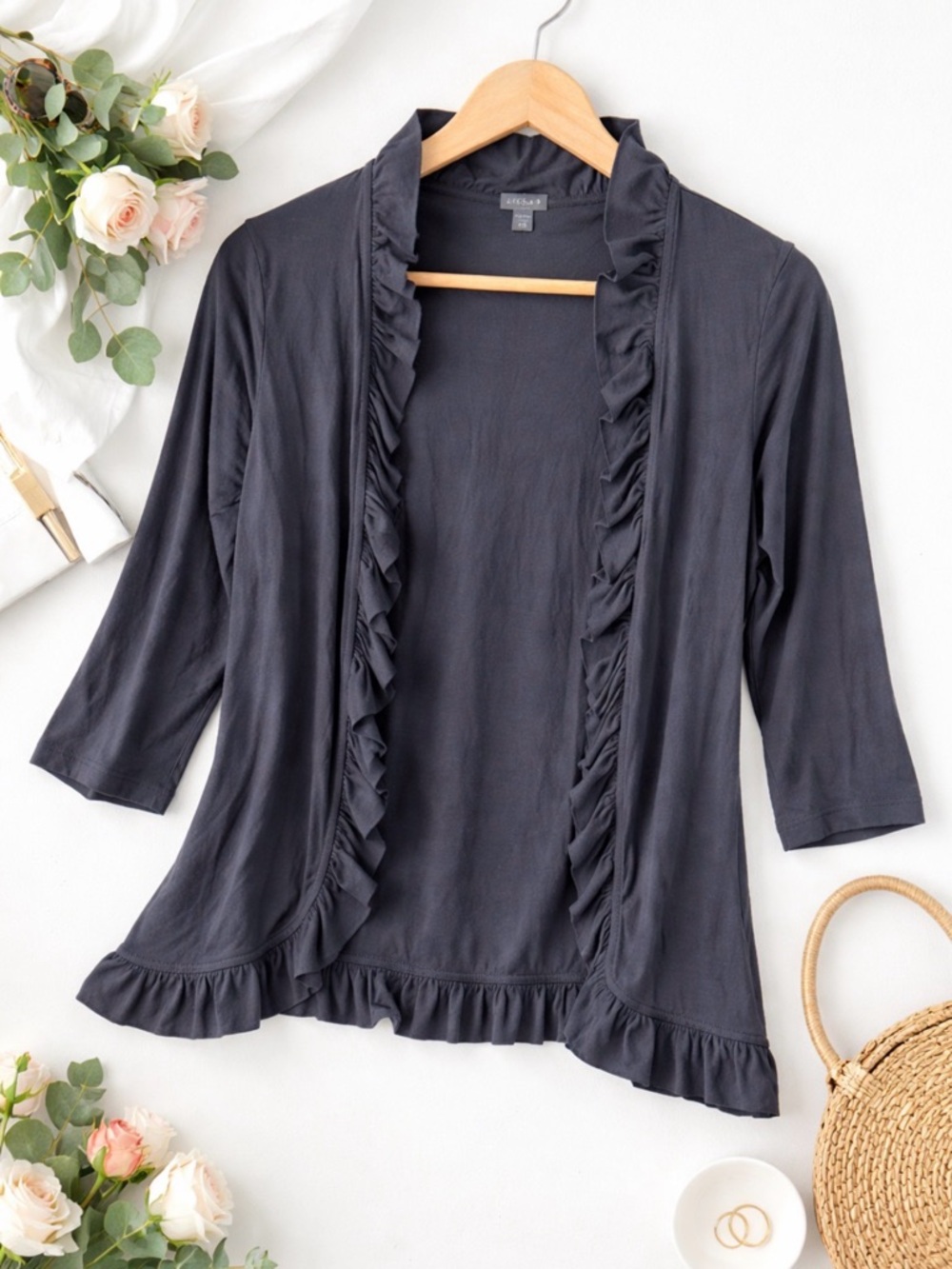 Lilla P Black Ruffle open front Cardigan pima cotton 3/4 sleeves size small
